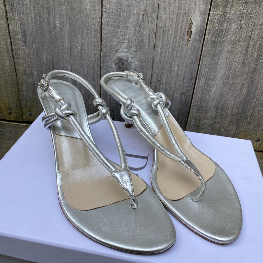 Dior Silver Metallic Leather Thong Sandals